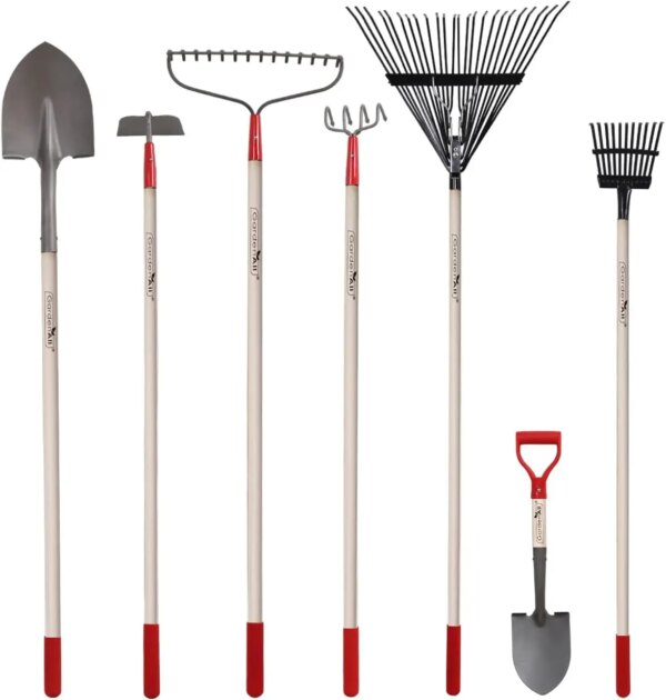 GardenAll 7-Piece Shovels Rakes Hoe Set Garden Tools Gifts for Women Long Wood Handle Pointy Shovels for Digging Short Handle