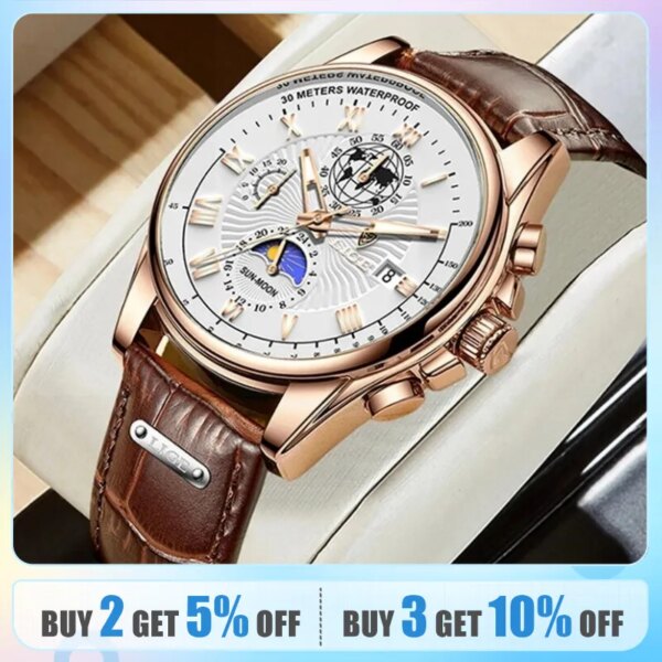 LIGE Casual Sport Watches for Men Top Brand Luxury Military Leather Wrist Watch Man Clock Fashion Chronograph Wristwatch