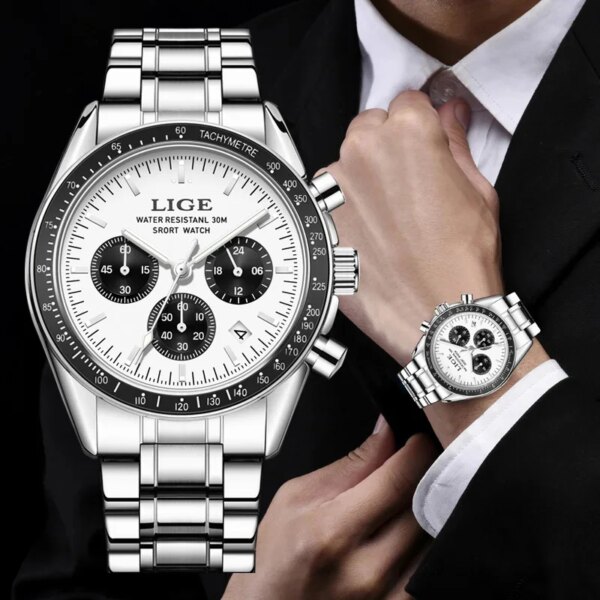 LIGE Mens Watches Business Big Dial Quartz Wristwatch Stainless Steel Waterproof Chronograph Luminous Auto Date Watch for Men